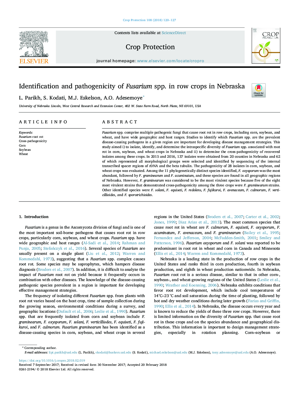 Identification and pathogenicity of Fusarium spp. in row crops in Nebraska