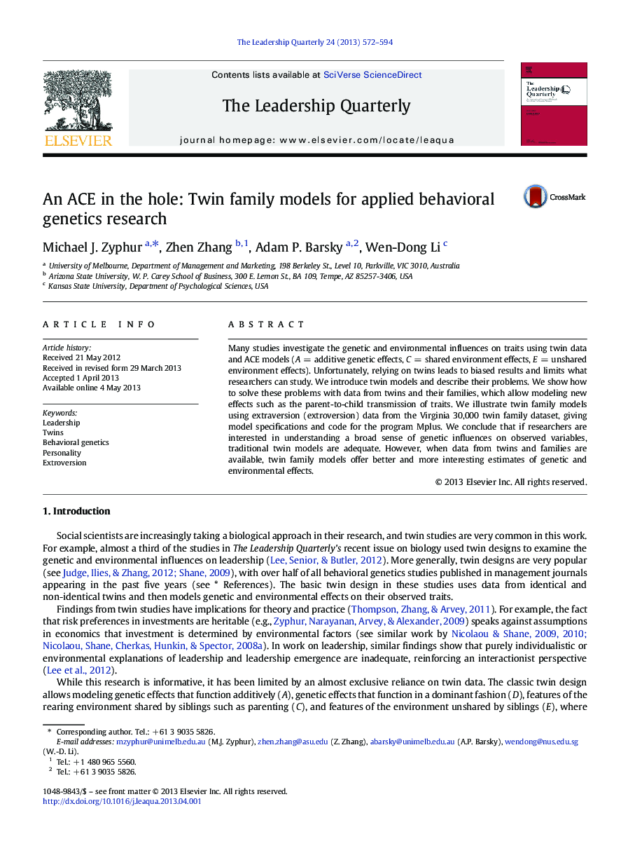 An ACE in the hole: Twin family models for applied behavioral genetics research