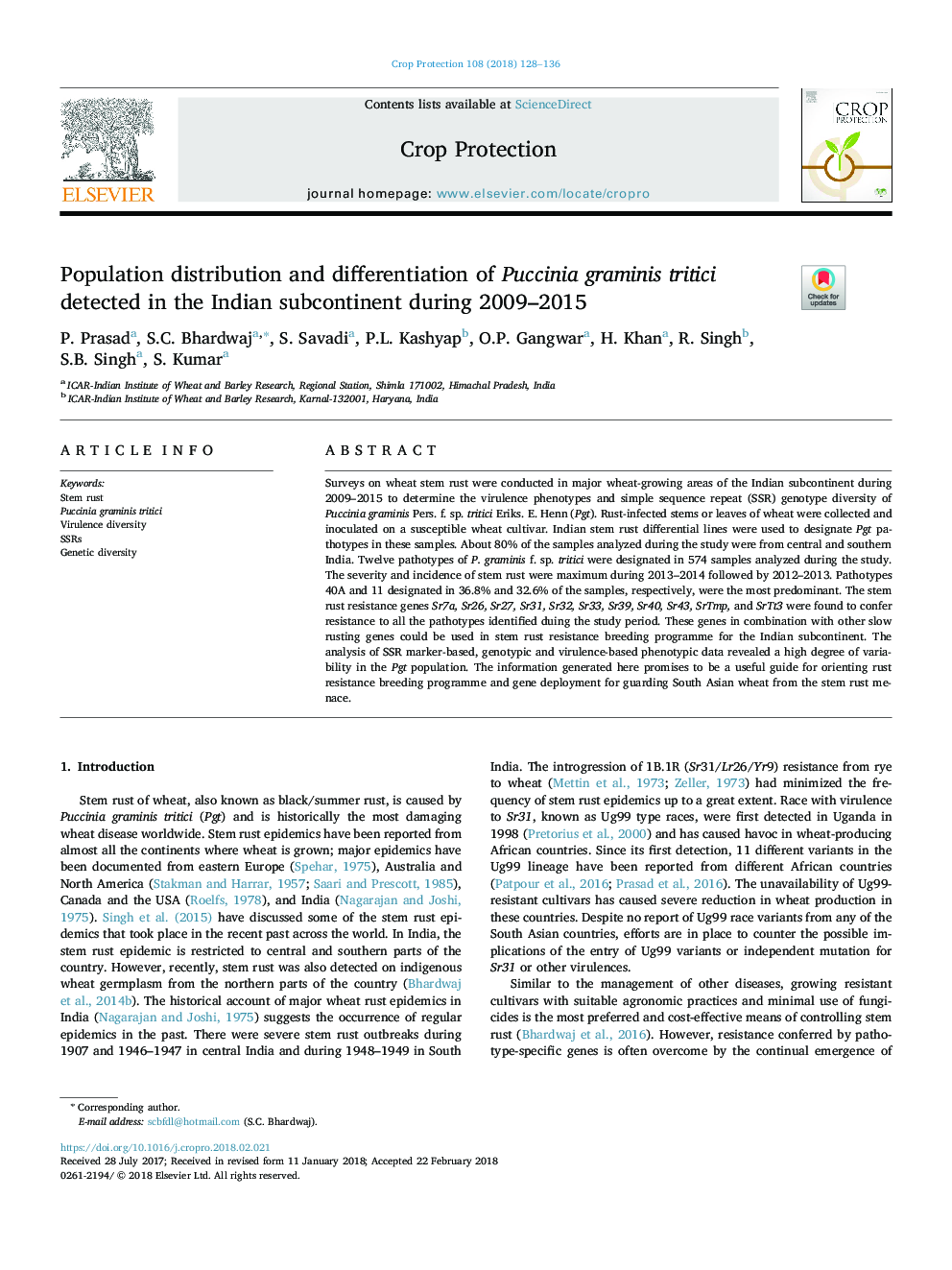 Population distribution and differentiation of Puccinia graminis tritici detected in the Indian subcontinent during 2009-2015