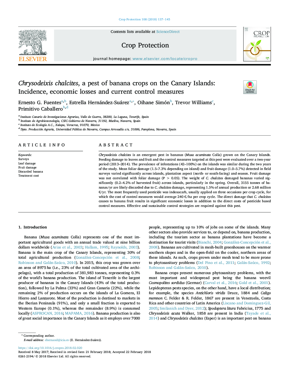 Chrysodeixis chalcites, a pest of banana crops on the Canary Islands: Incidence, economic losses and current control measures