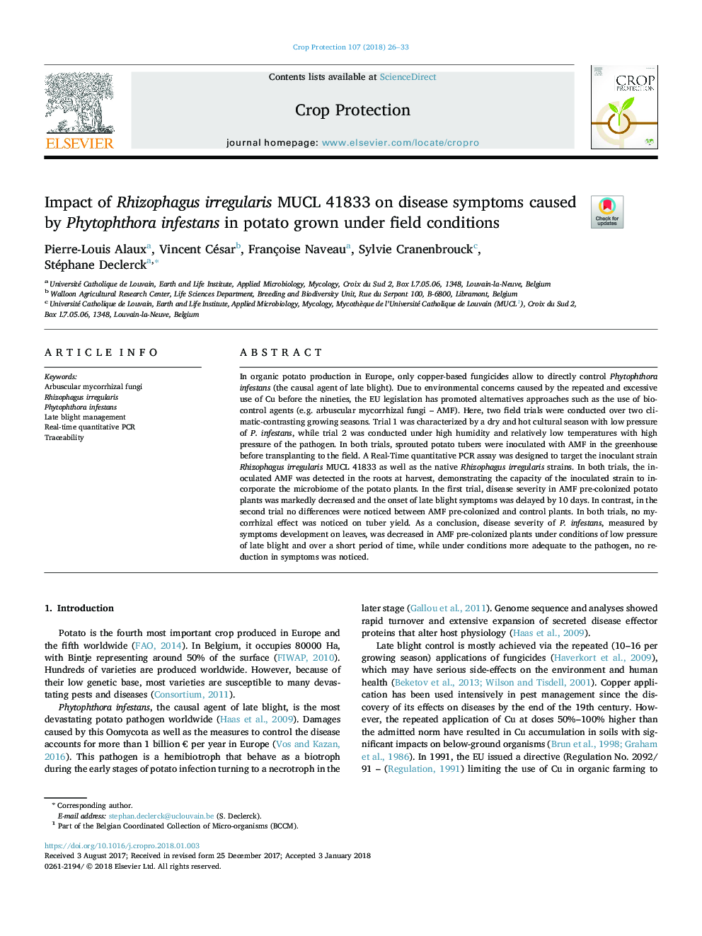 Impact of Rhizophagus irregularis MUCL 41833 on disease symptoms caused by Phytophthora infestans in potato grown under field conditions