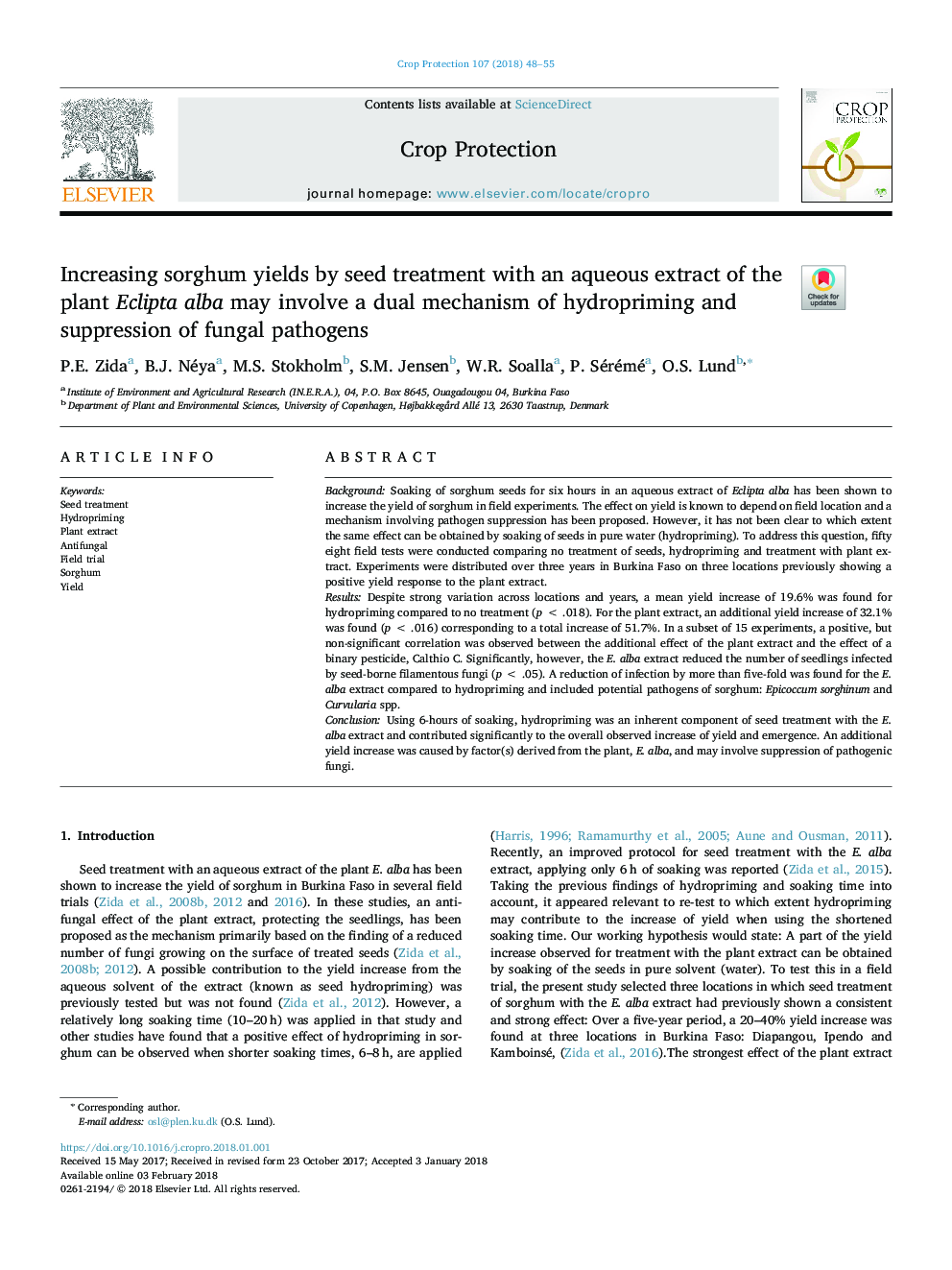 Increasing sorghum yields by seed treatment with an aqueous extract of the plant Eclipta alba may involve a dual mechanism of hydropriming and suppression of fungal pathogens