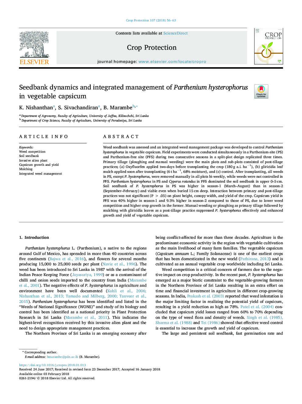 Seedbank dynamics and integrated management of Parthenium hysterophorus in vegetable capsicum