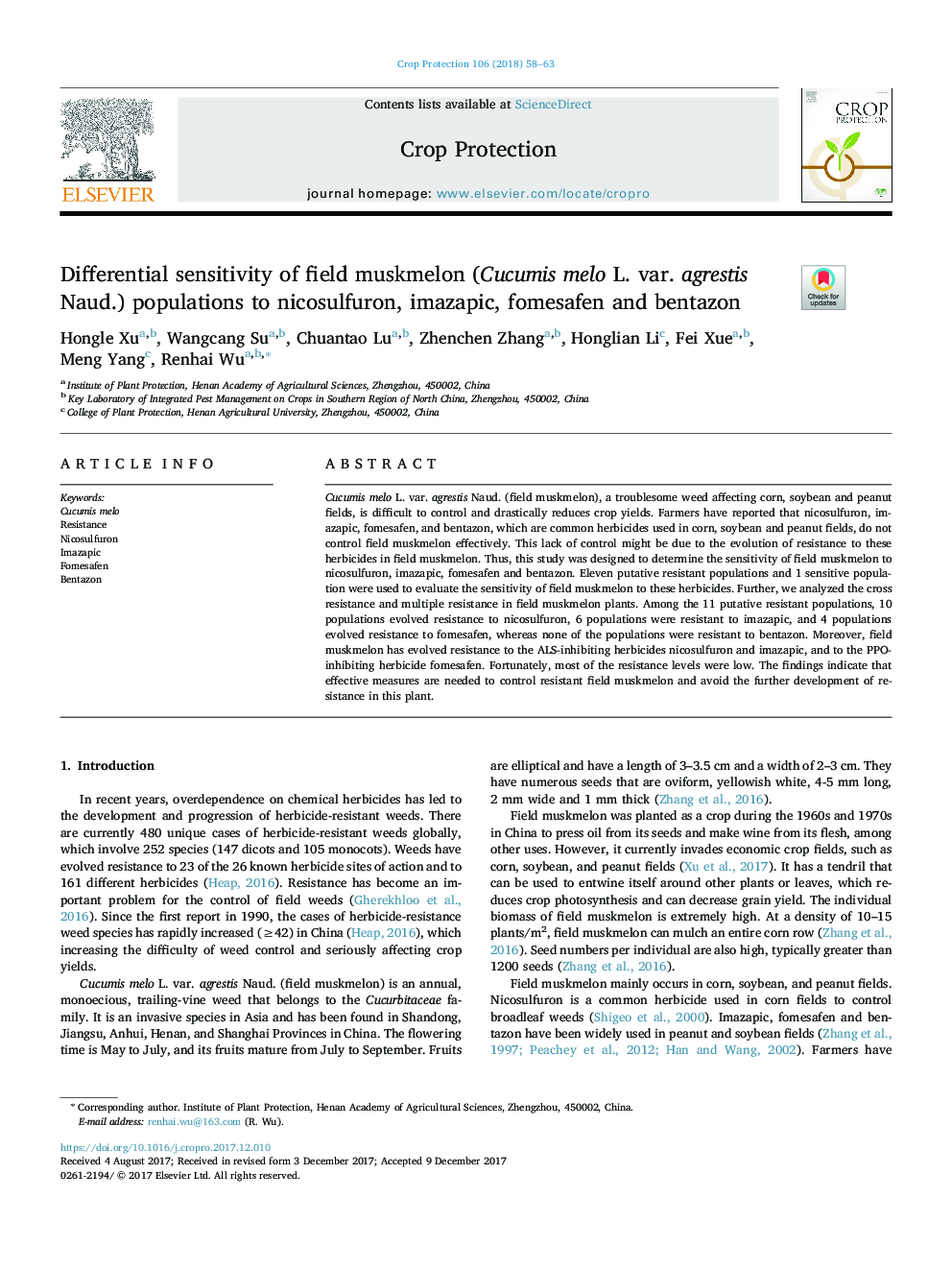 عکس صفحه اول مقاله: Differential sensitivity of field muskmelon (Cucumis melo L. var. agrestis Naud.) populations to nicosulfuron, imazapic, fomesafen and bentazon Differential sensitivity of field muskmelon (Cucumis melo L. var. agrestis Naud.) populations to nicosulfuron, imazapic, fomesafen and bentazon
