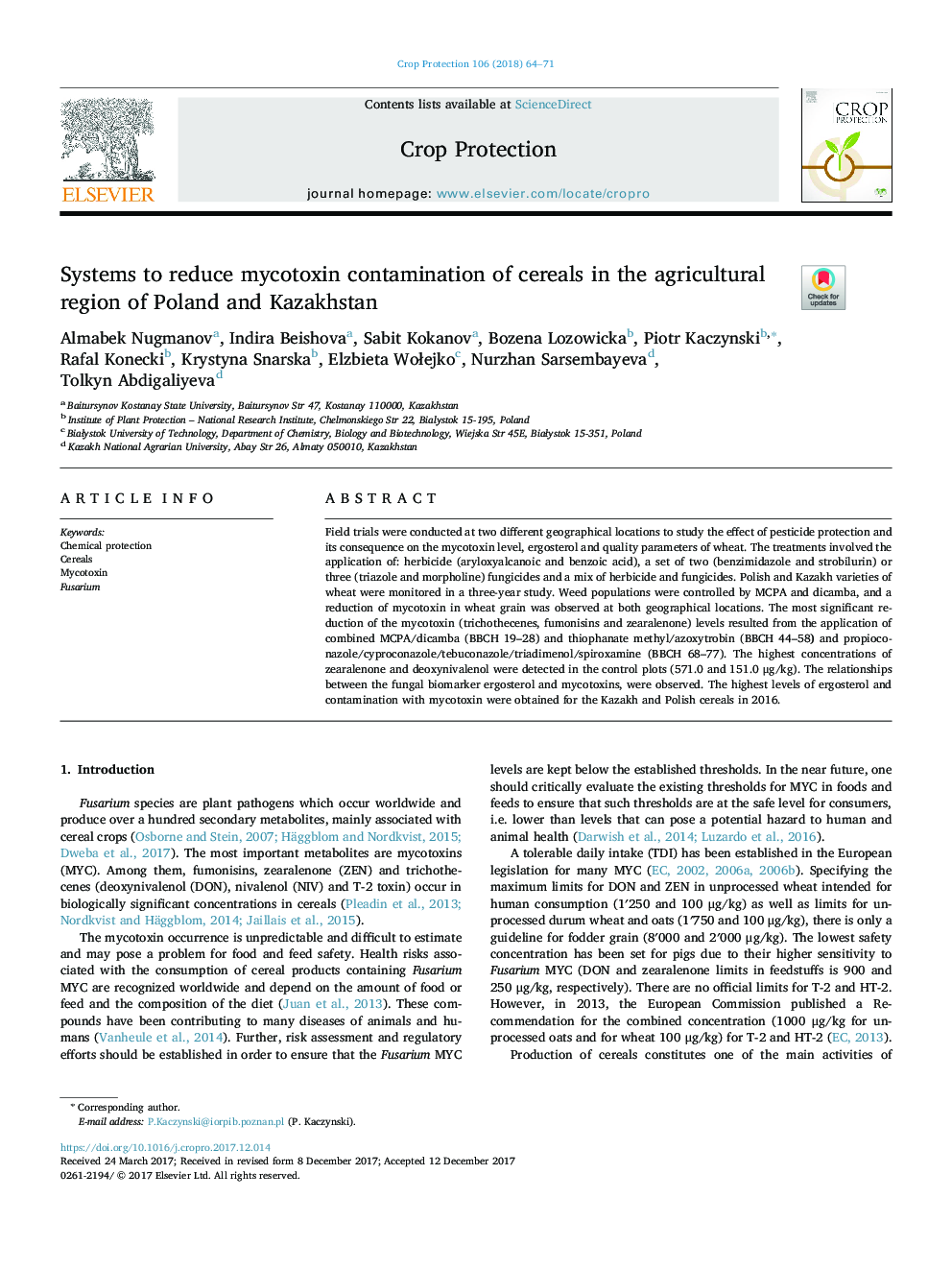 Systems to reduce mycotoxin contamination of cereals in the agricultural region of Poland and Kazakhstan