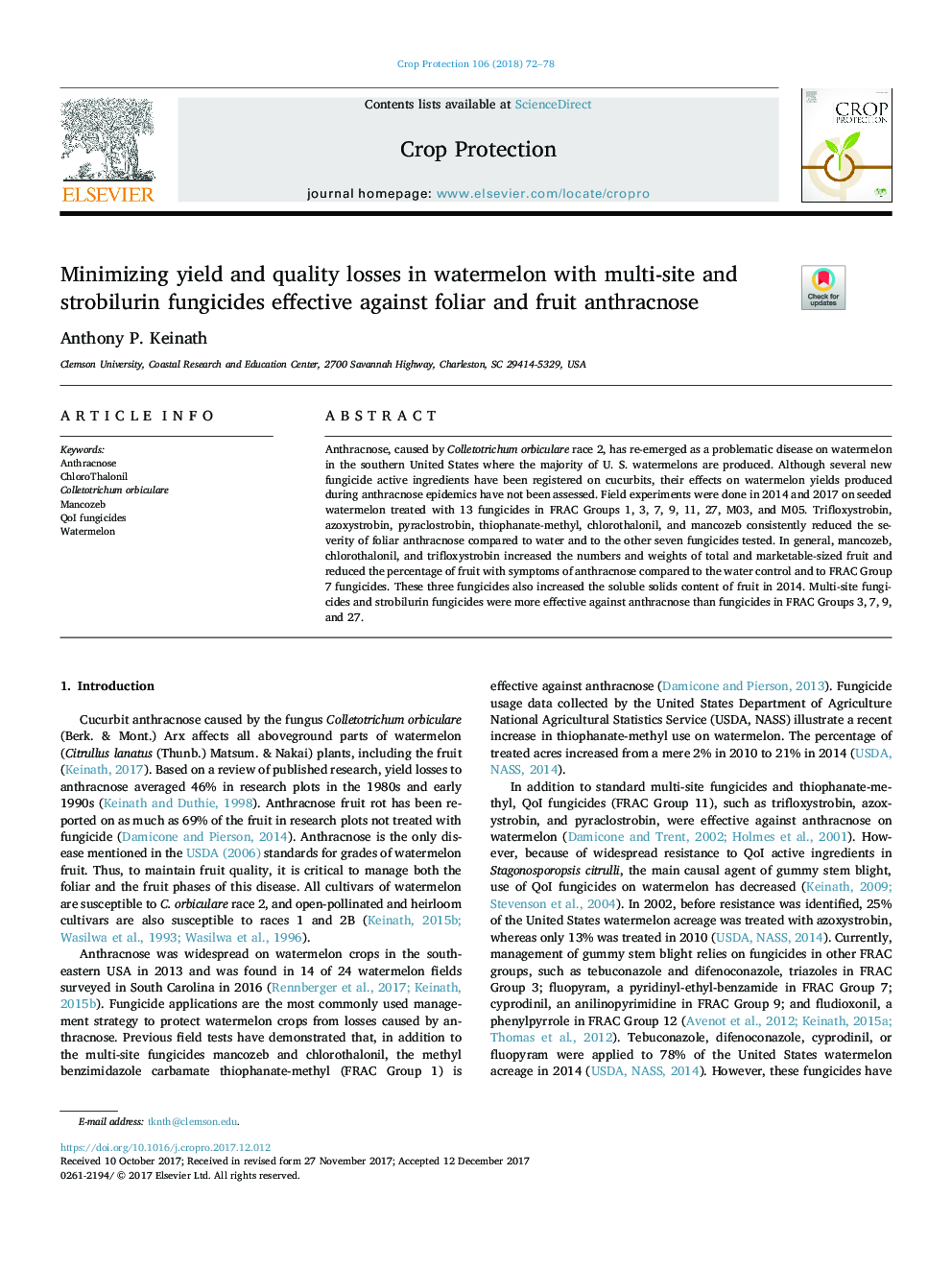 Minimizing yield and quality losses in watermelon with multi-site and strobilurin fungicides effective against foliar and fruit anthracnose