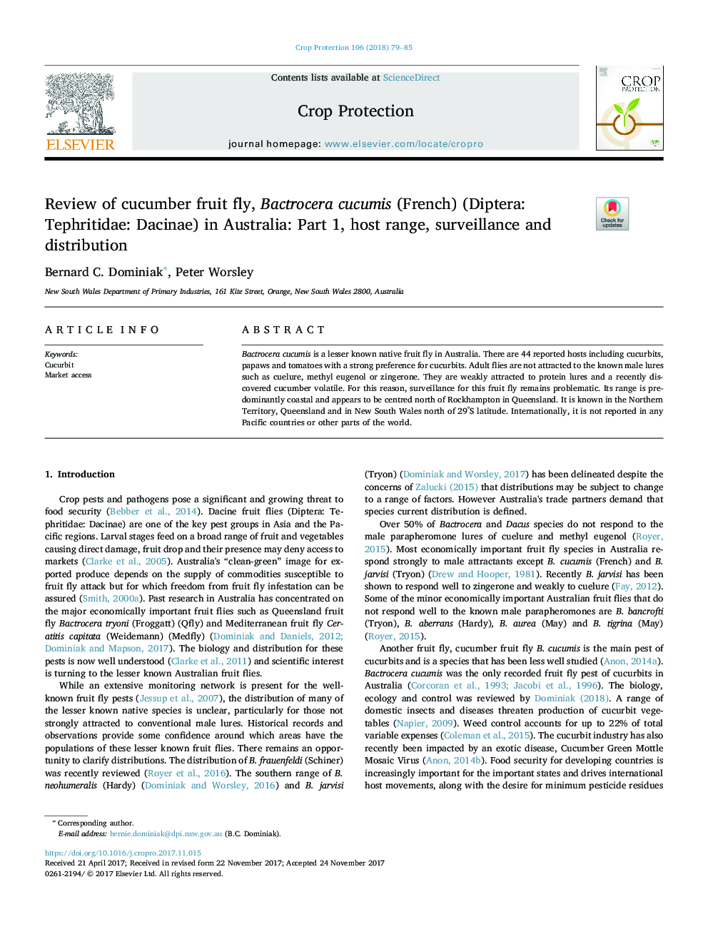 Review of cucumber fruit fly, Bactrocera cucumis (French) (Diptera: Tephritidae: Dacinae) in Australia: Part 1, host range, surveillance and distribution