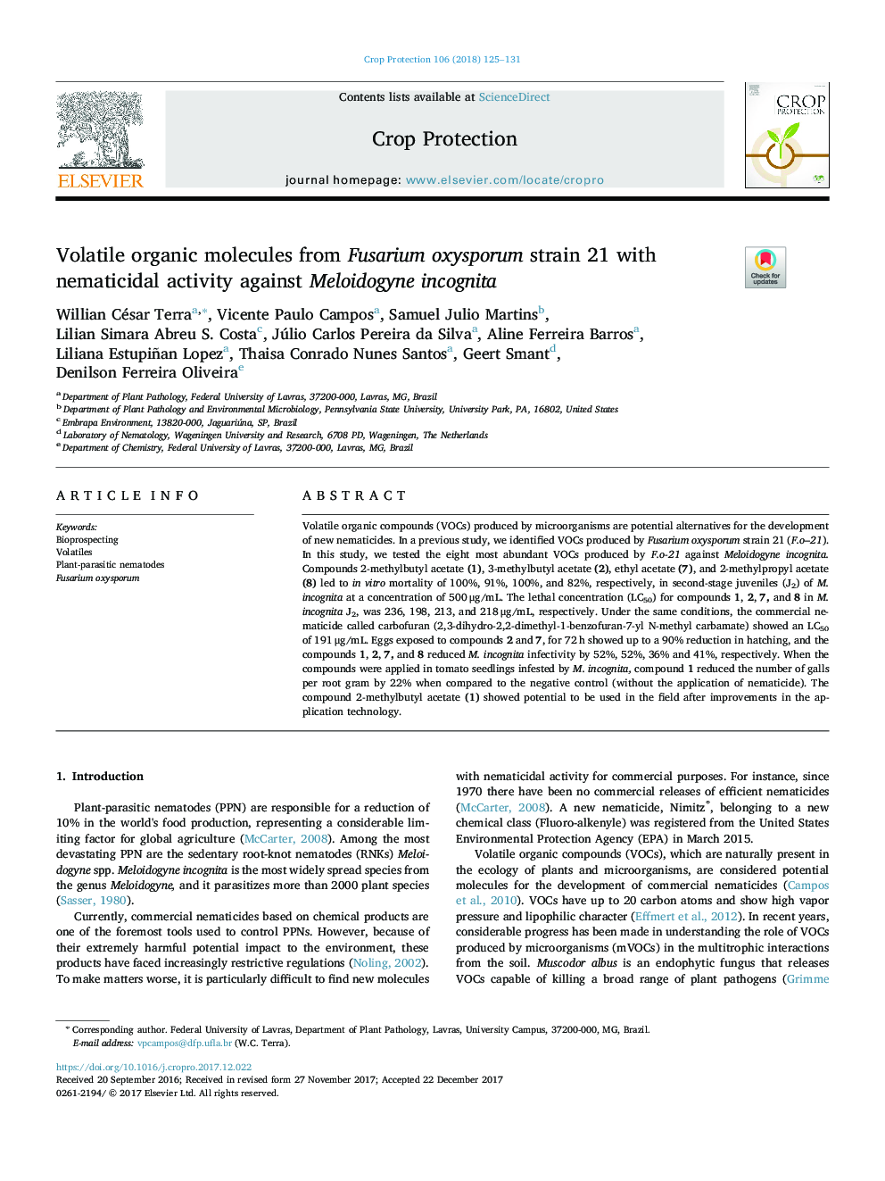 Volatile organic molecules from Fusarium oxysporum strain 21 with nematicidal activity against Meloidogyne incognita