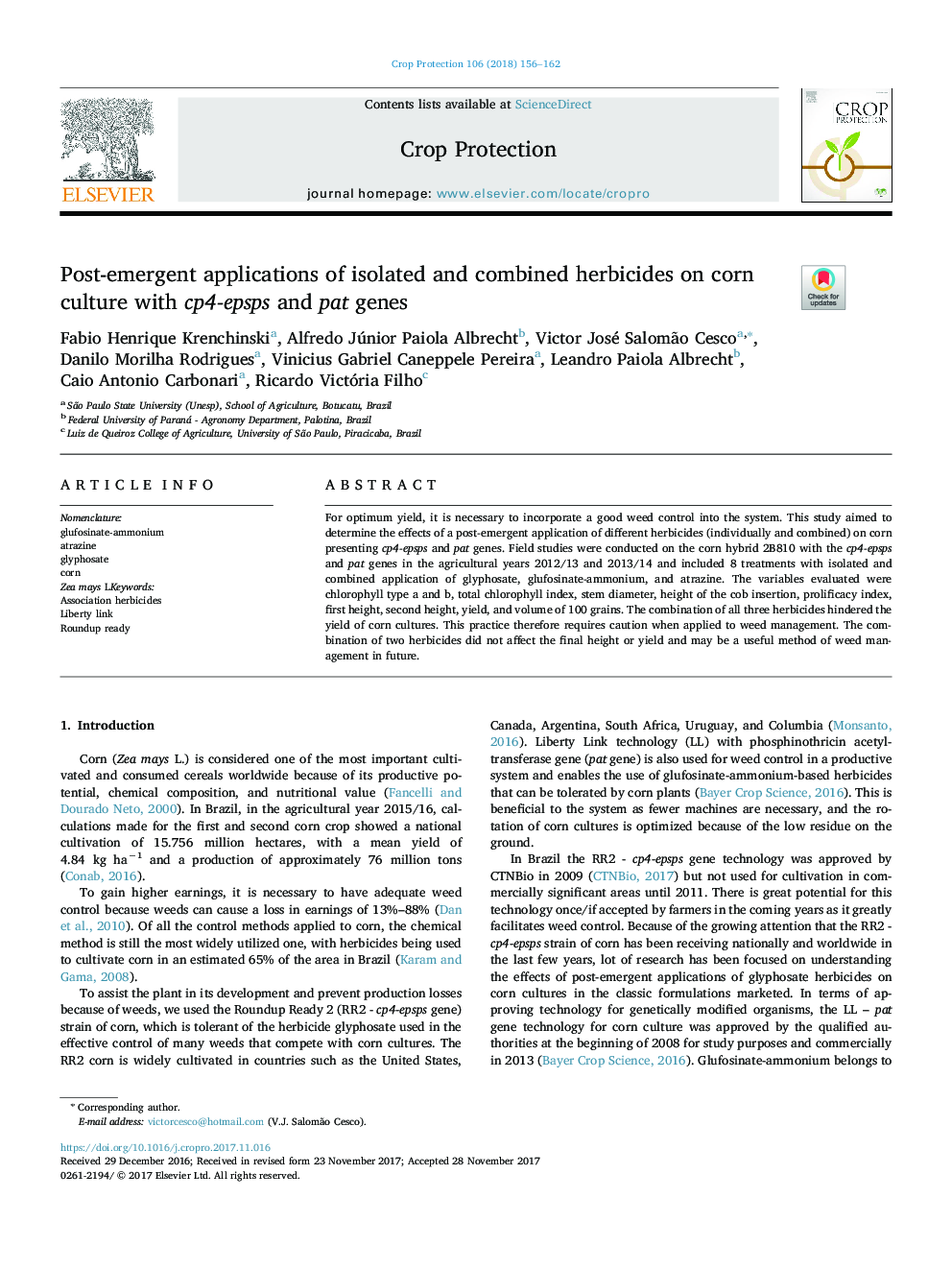 Post-emergent applications of isolated and combined herbicides on corn culture with cp4-epsps and pat genes