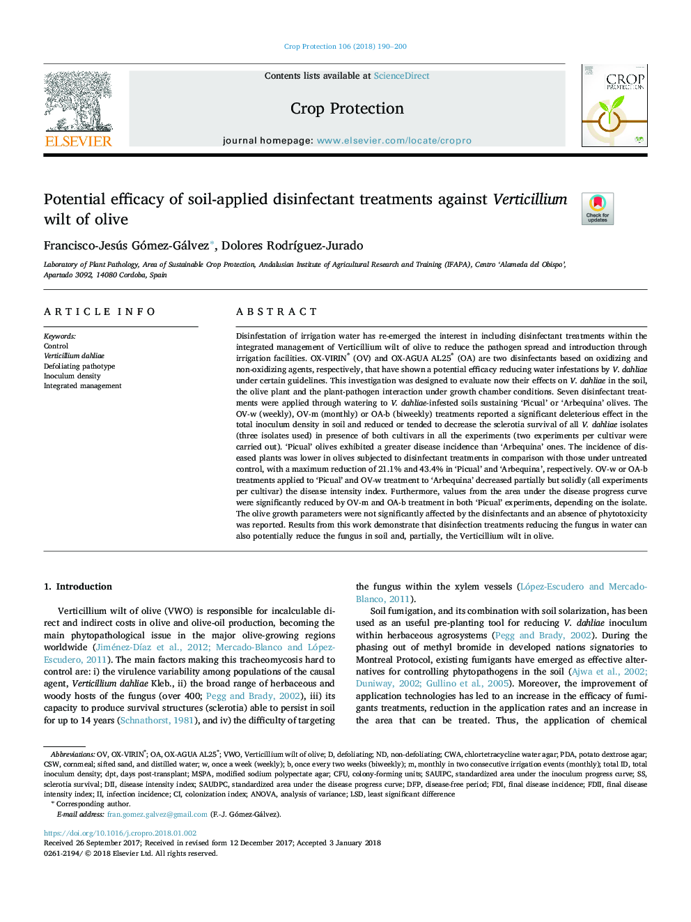 Potential efficacy of soil-applied disinfectant treatments against Verticillium wilt of olive