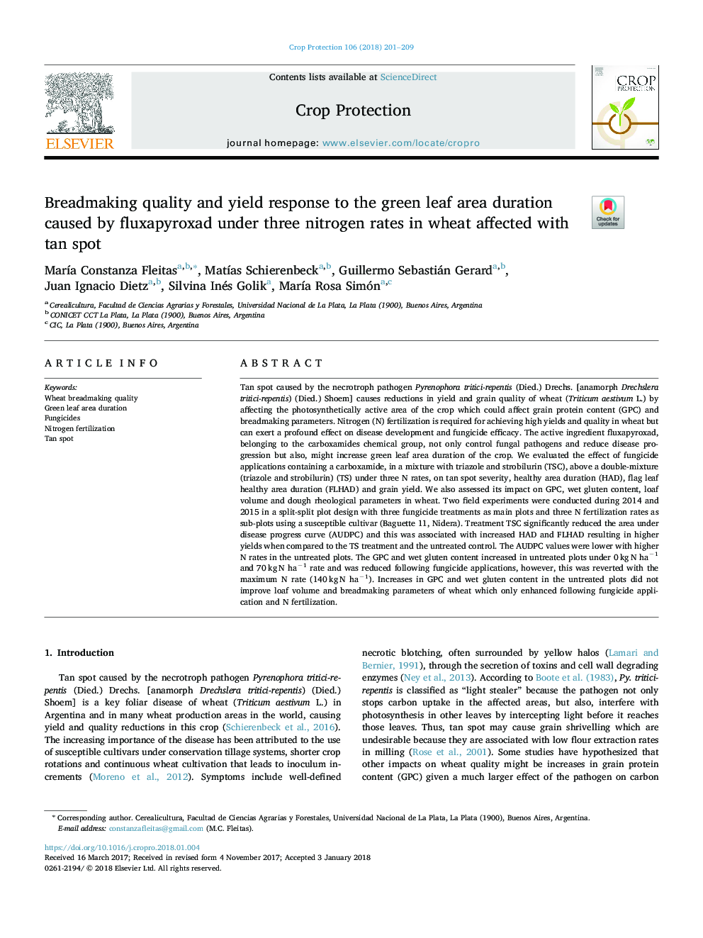 Breadmaking quality and yield response to the green leaf area duration caused by fluxapyroxad under three nitrogen rates in wheat affected with tan spot