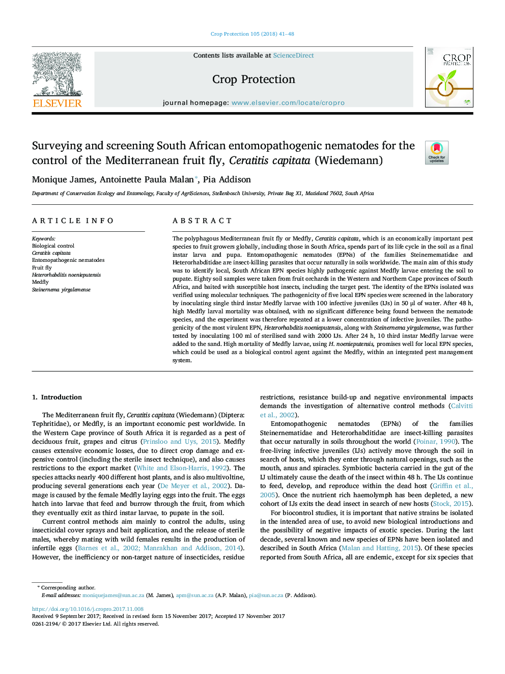 Surveying and screening South African entomopathogenic nematodes for the control of the Mediterranean fruit fly, Ceratitis capitata (Wiedemann)