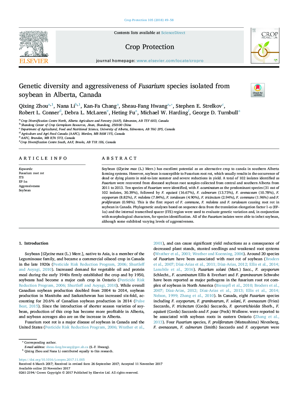 Genetic diversity and aggressiveness of Fusarium species isolated from soybean in Alberta, Canada