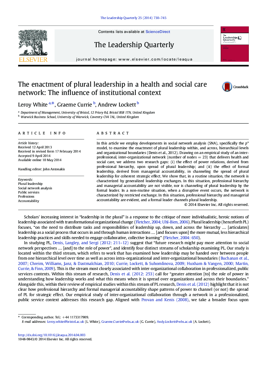 The enactment of plural leadership in a health and social care network: The influence of institutional context