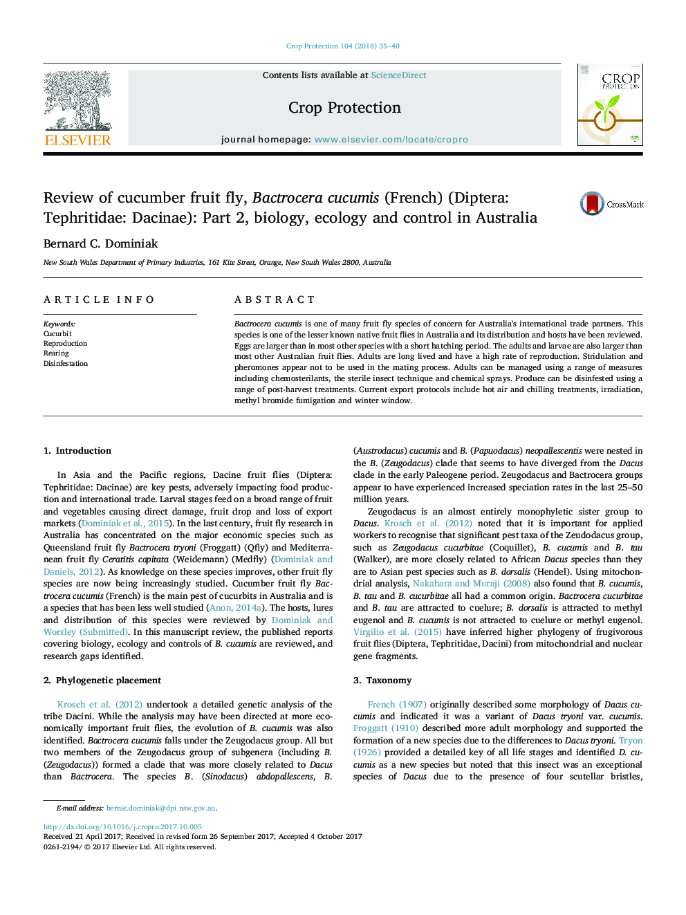 Review of cucumber fruit fly, Bactrocera cucumis (French) (Diptera: Tephritidae: Dacinae): Part 2, biology, ecology and control in Australia