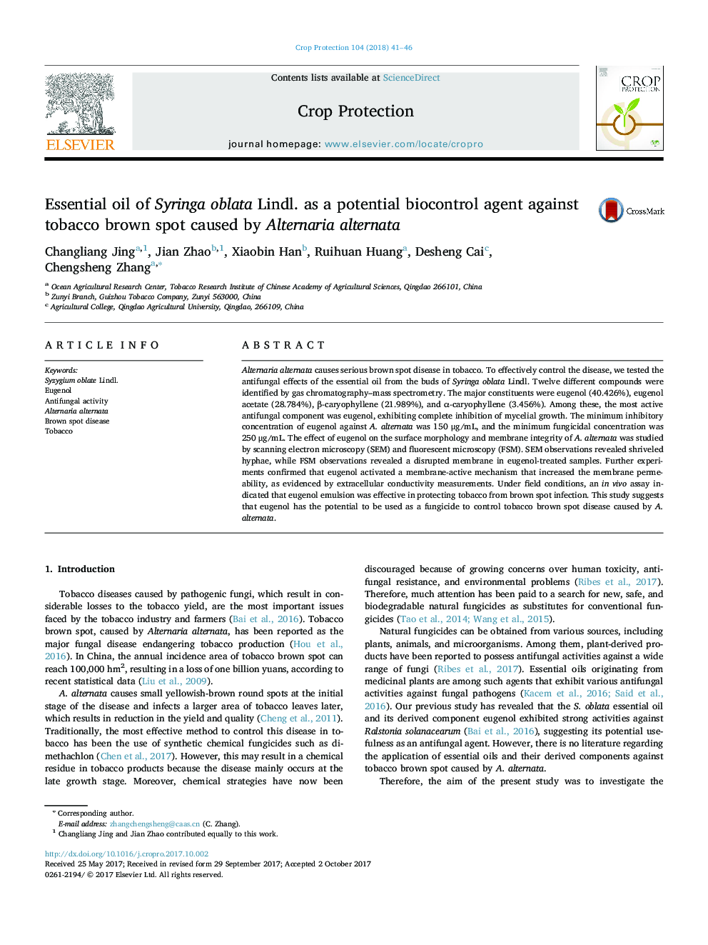 Essential oil of Syringa oblata Lindl. as a potential biocontrol agent against tobacco brown spot caused by Alternaria alternata