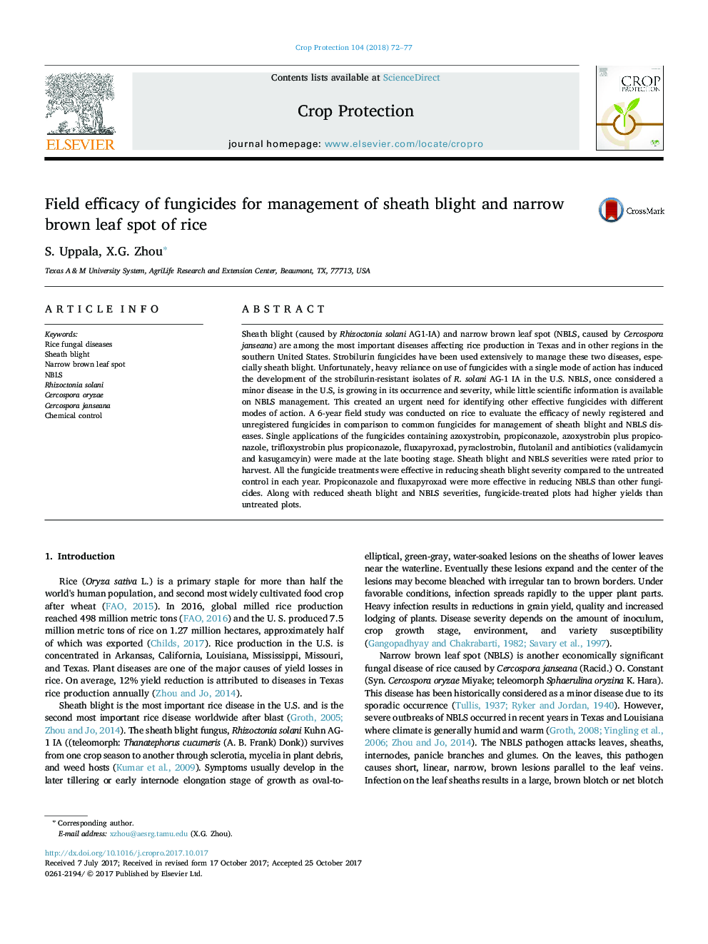 Field efficacy of fungicides for management of sheath blight and narrow brown leaf spot of rice