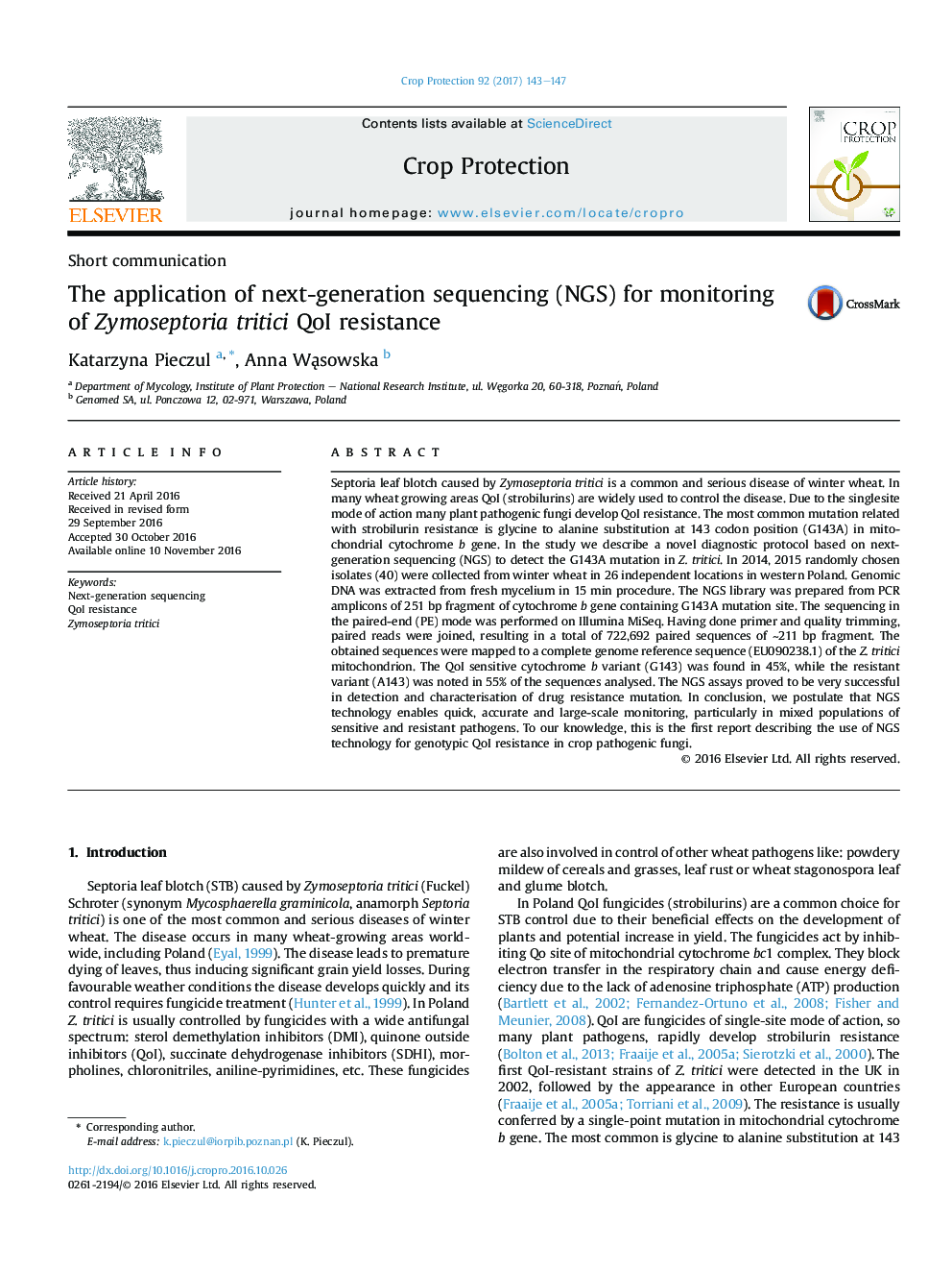 The application of next-generation sequencing (NGS) for monitoring of Zymoseptoria tritici QoI resistance