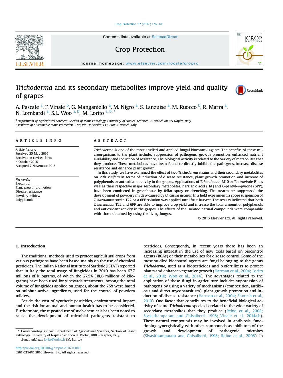 Trichoderma and its secondary metabolites improve yield and quality of grapes