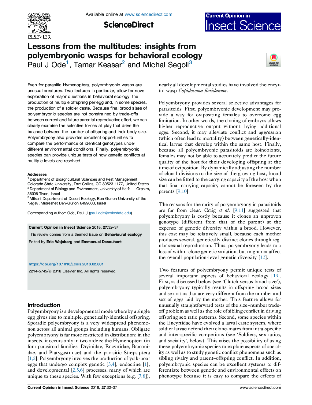 Lessons from the multitudes: insights from polyembryonic wasps for behavioral ecology