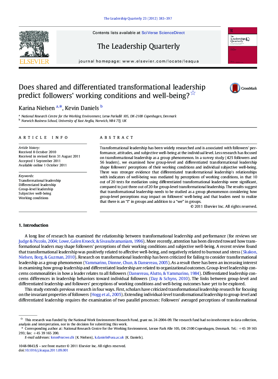 Does shared and differentiated transformational leadership predict followers' working conditions and well-being? 