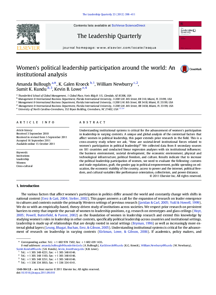 Women's political leadership participation around the world: An institutional analysis