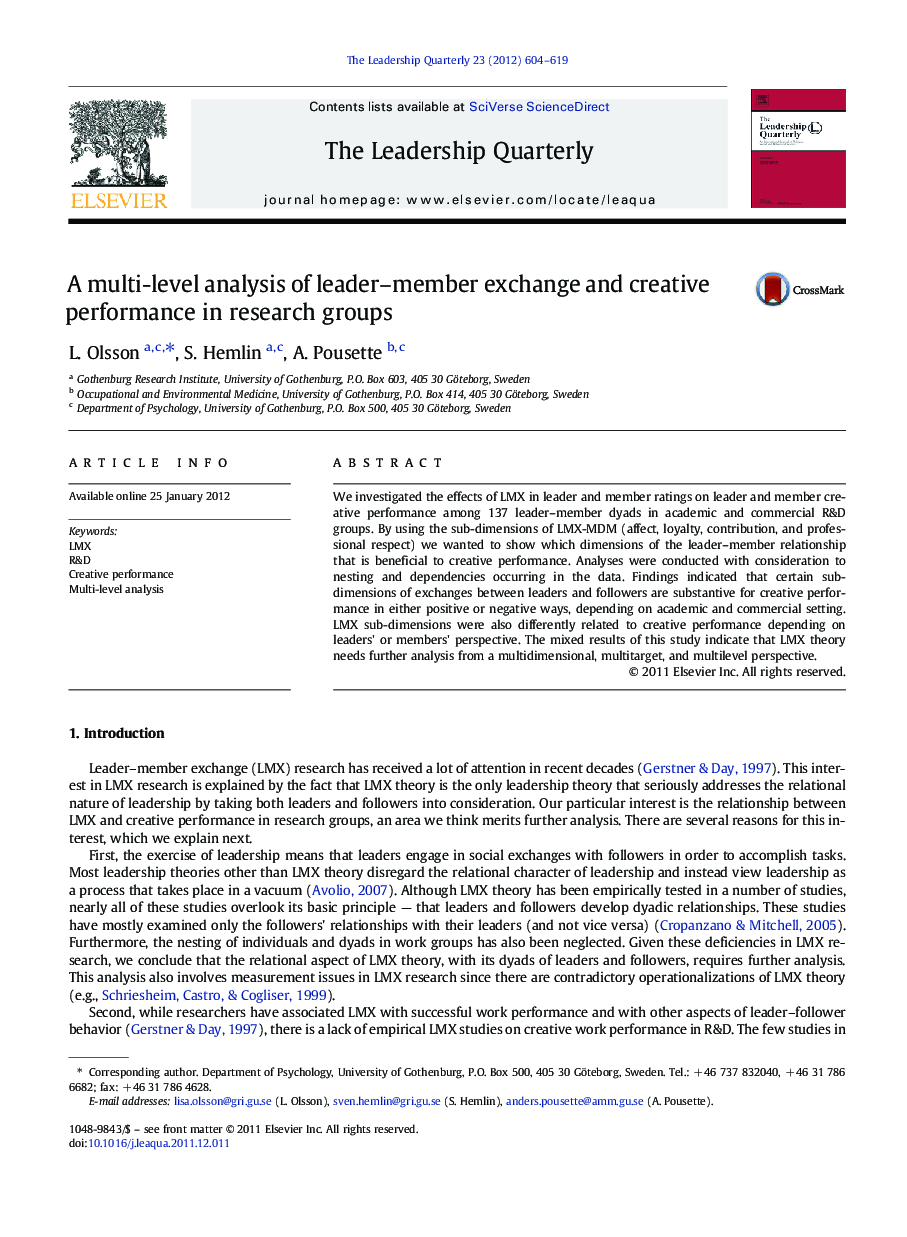 A multi-level analysis of leader–member exchange and creative performance in research groups