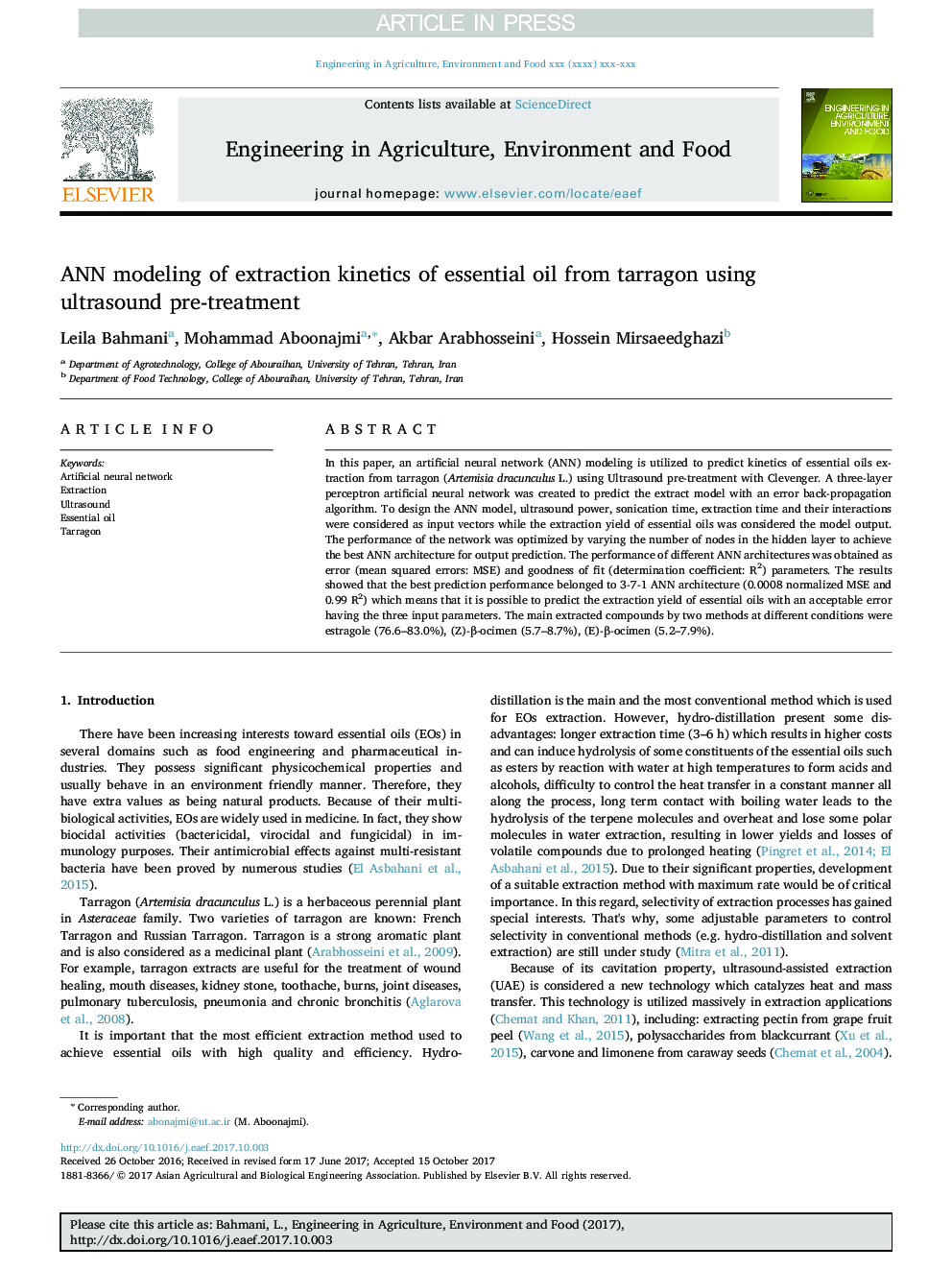 ANN modeling of extraction kinetics of essential oil from tarragon using ultrasound pre-treatment