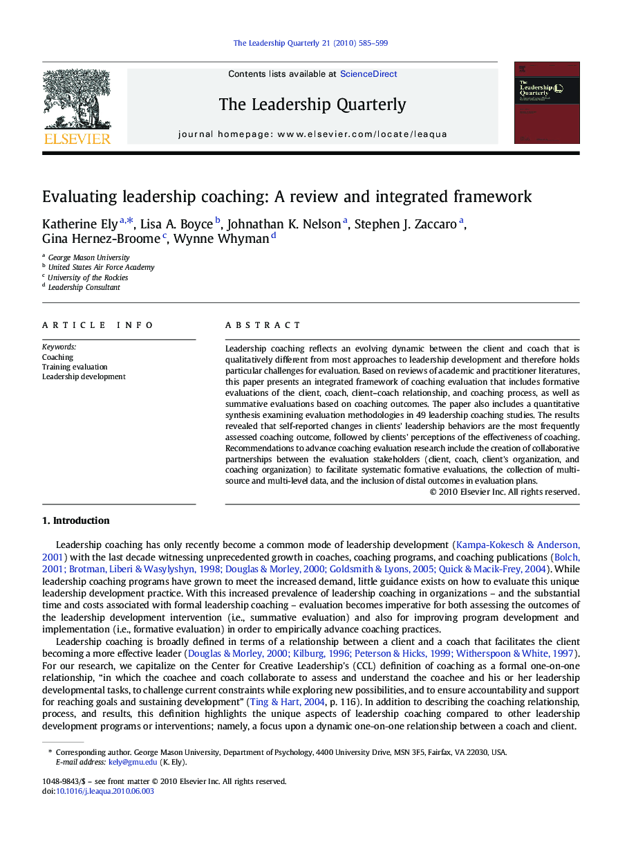 Evaluating leadership coaching: A review and integrated framework