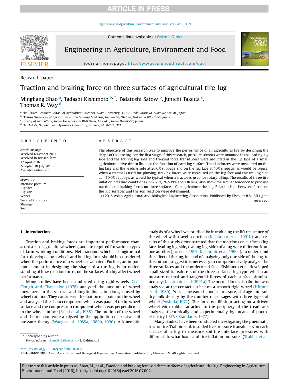 Traction and braking force on three surfaces of agricultural tire lug