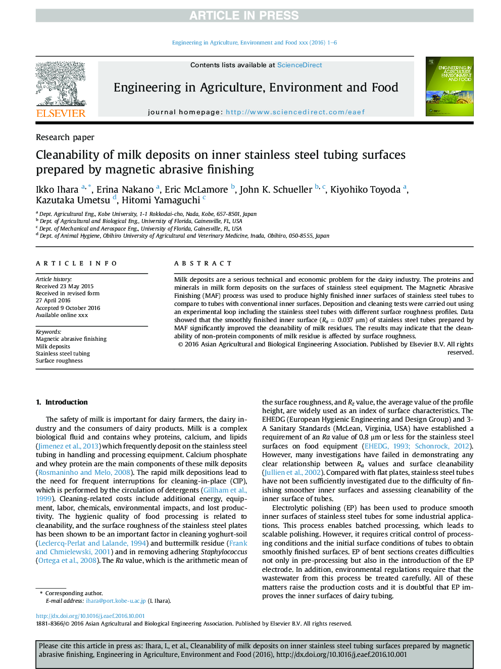 Cleanability of milk deposits on inner stainless steel tubing surfaces prepared by magnetic abrasive finishing