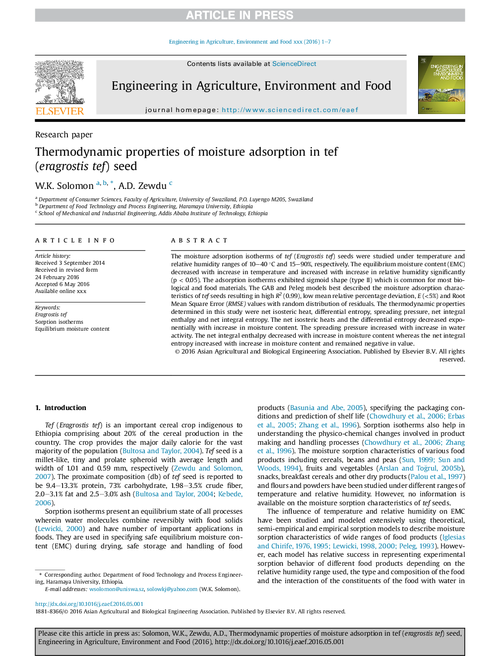 Thermodynamic properties of moisture adsorption in tef (eragrostisÂ tef) seed