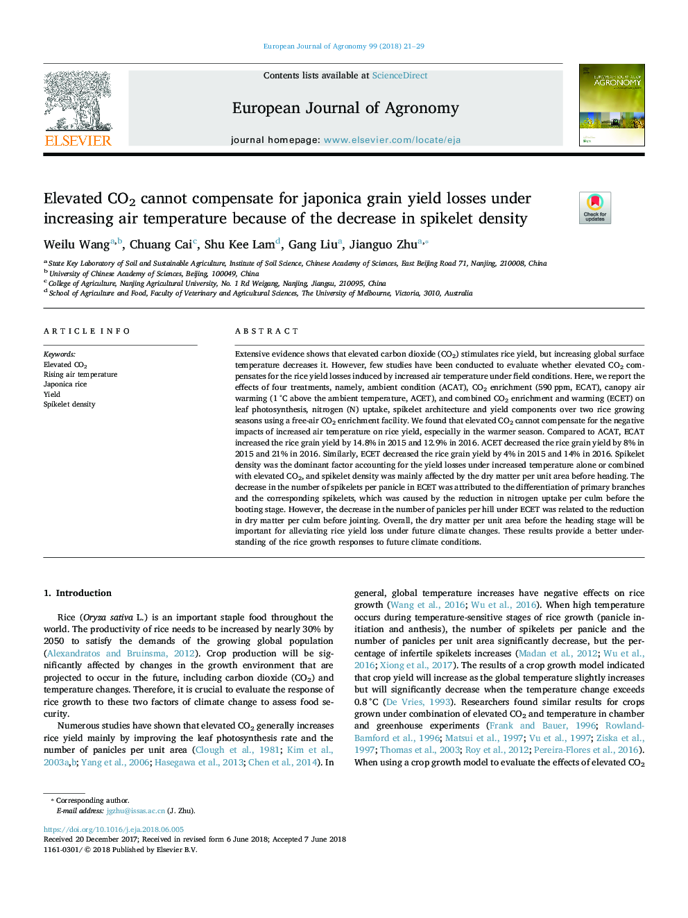 Elevated CO2 cannot compensate for japonica grain yield losses under increasing air temperature because of the decrease in spikelet density