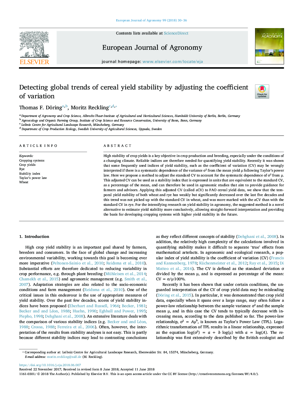 Detecting global trends of cereal yield stability by adjusting the coefficient of variation