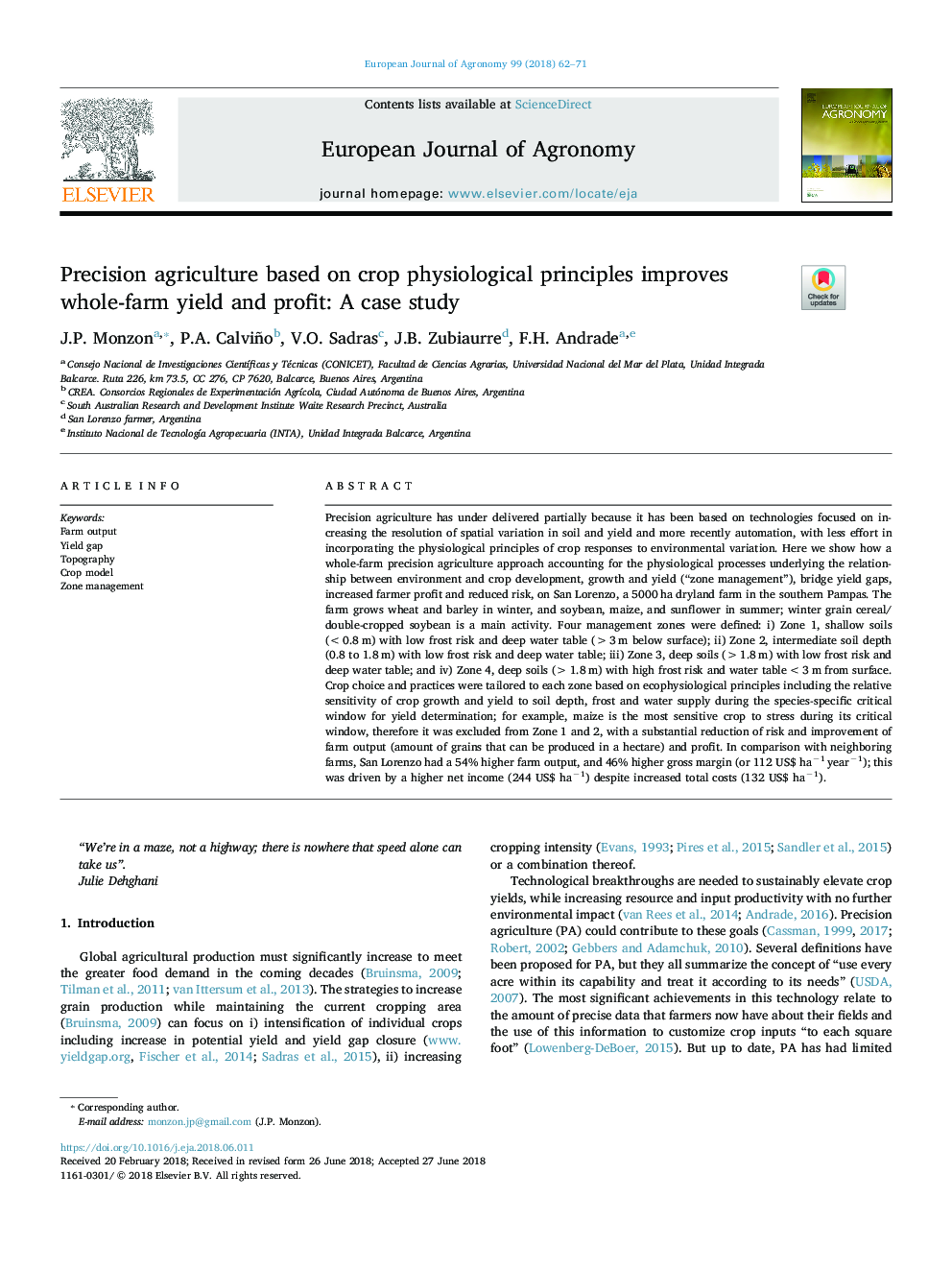 Precision agriculture based on crop physiological principles improves whole-farm yield and profit: A case study