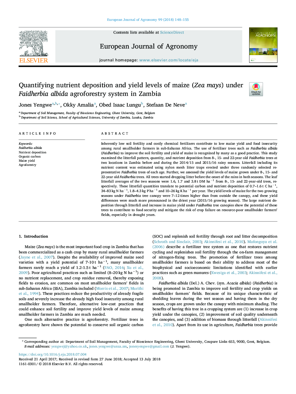 Quantifying nutrient deposition and yield levels of maize (Zea mays) under Faidherbia albida agroforestry system in Zambia