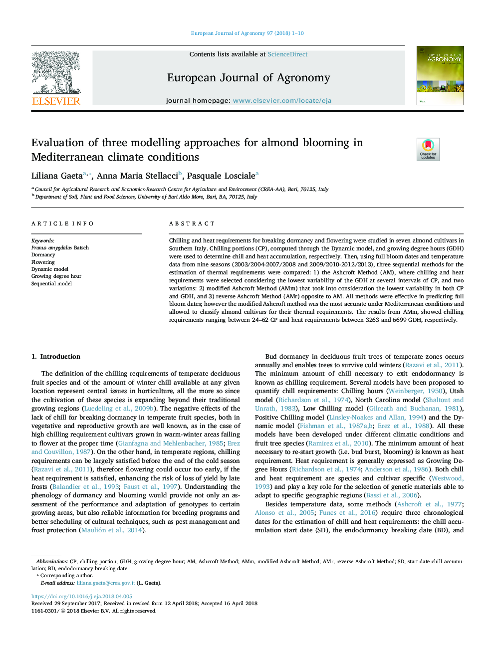 Evaluation of three modelling approaches for almond blooming in Mediterranean climate conditions