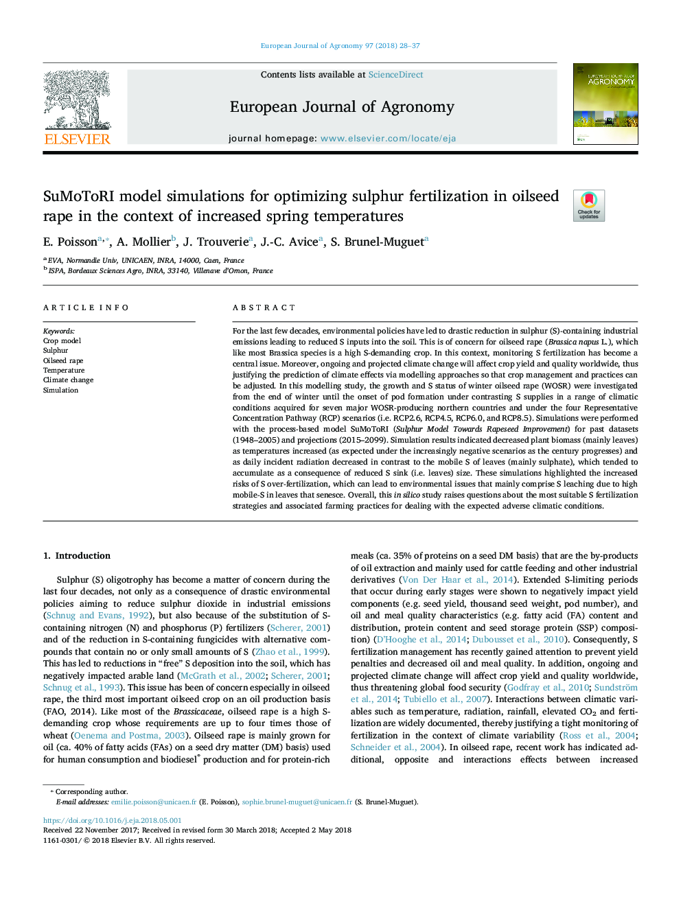 SuMoToRI model simulations for optimizing sulphur fertilization in oilseed rape in the context of increased spring temperatures