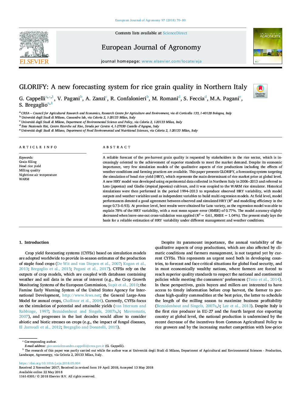 GLORIFY: A new forecasting system for rice grain quality in Northern Italy