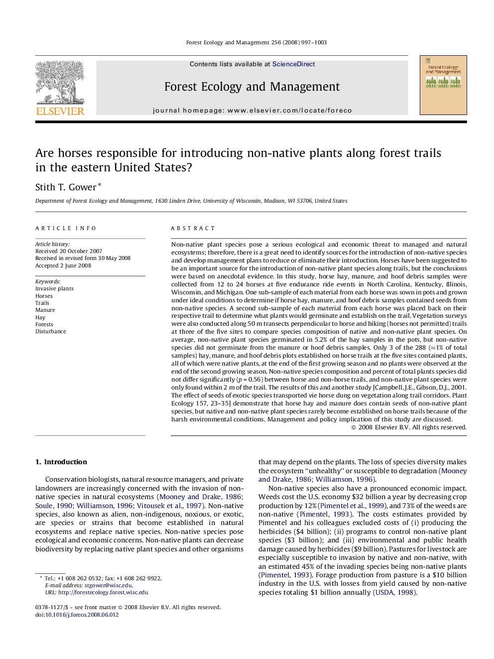 Are horses responsible for introducing non-native plants along forest trails in the eastern United States?