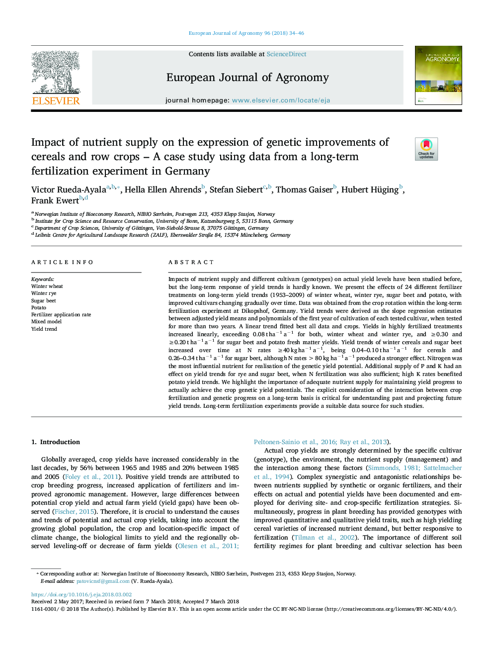 Impact of nutrient supply on the expression of genetic improvements of cereals and row crops - A case study using data from a long-term fertilization experiment in Germany