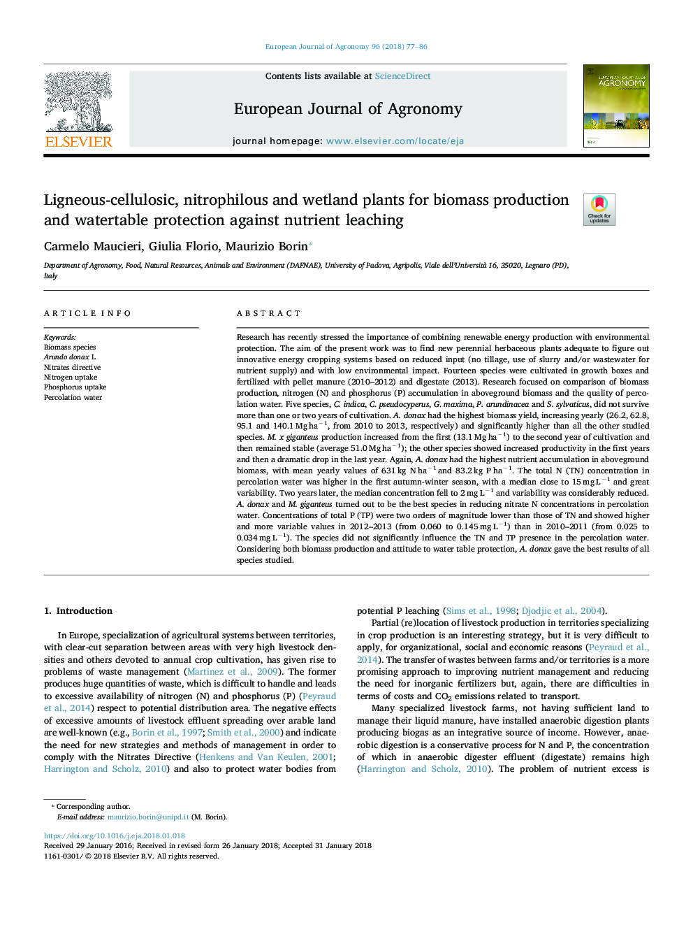 عکس صفحه اول مقاله: Ligneous-cellulosic, nitrophilous and wetland plants for biomass production and watertable protection against nutrient leaching Ligneous-cellulosic, nitrophilous and wetland plants for biomass production and watertable protection against nutrient leaching