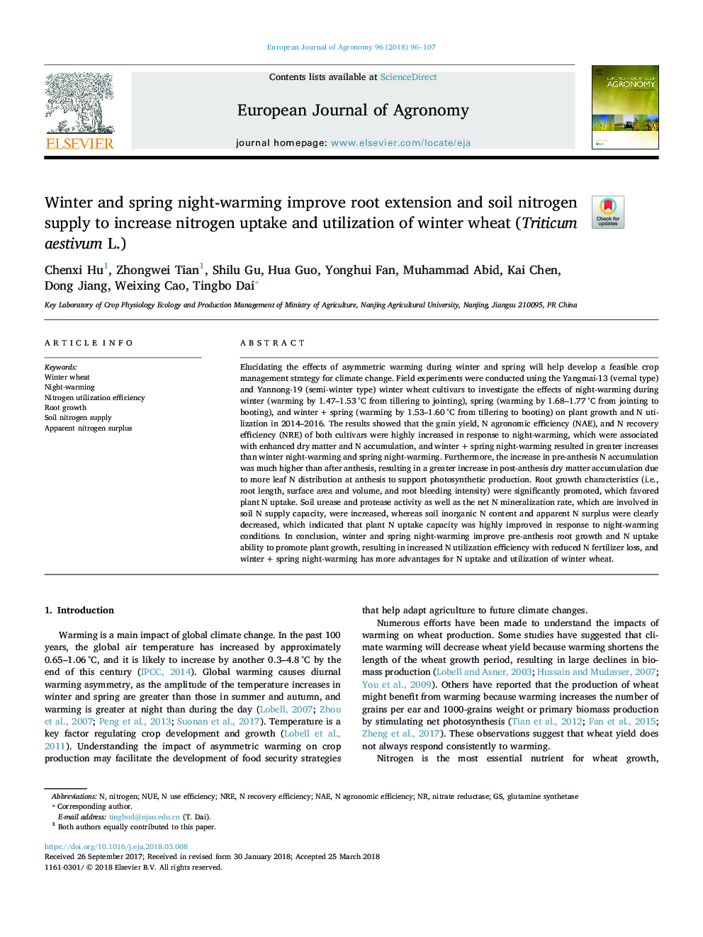 Winter and spring night-warming improve root extension and soil nitrogen supply to increase nitrogen uptake and utilization of winter wheat (Triticum aestivum L.)