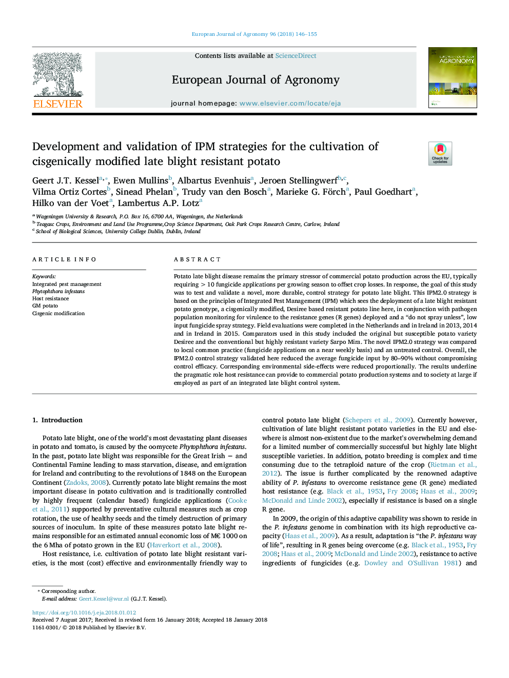 عکس صفحه اول مقاله: Development and validation of IPM strategies for the cultivation of cisgenically modified late blight resistant potato Development and validation of IPM strategies for the cultivation of cisgenically modified late blight resistant potato