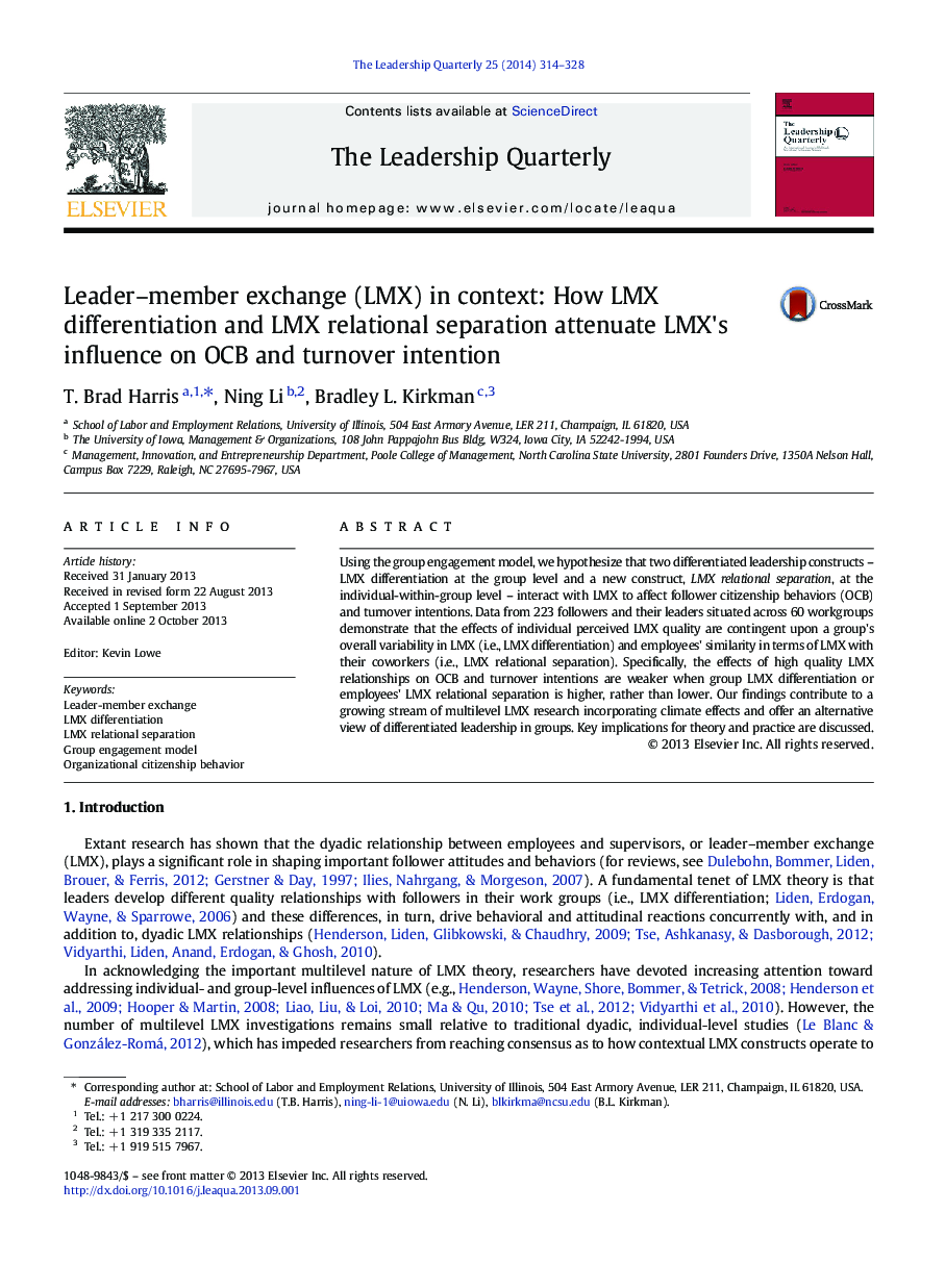 Leader–member exchange (LMX) in context: How LMX differentiation and LMX relational separation attenuate LMX's influence on OCB and turnover intention