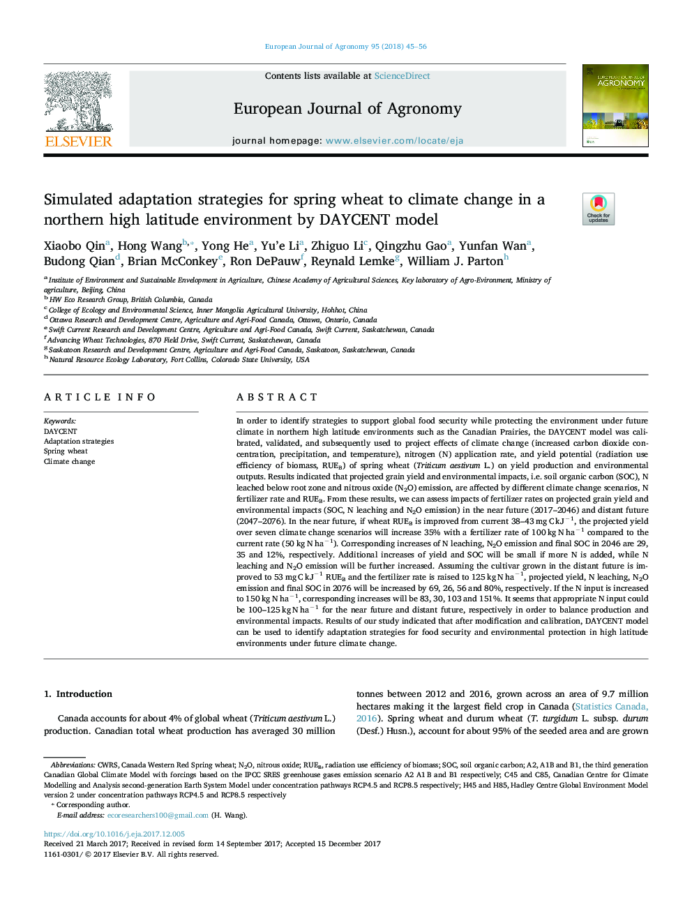 Simulated adaptation strategies for spring wheat to climate change in a northern high latitude environment by DAYCENT model