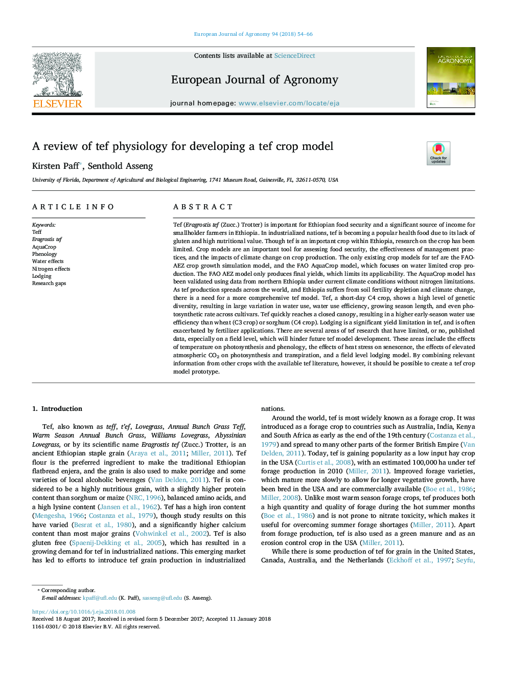 A review of tef physiology for developing a tef crop model