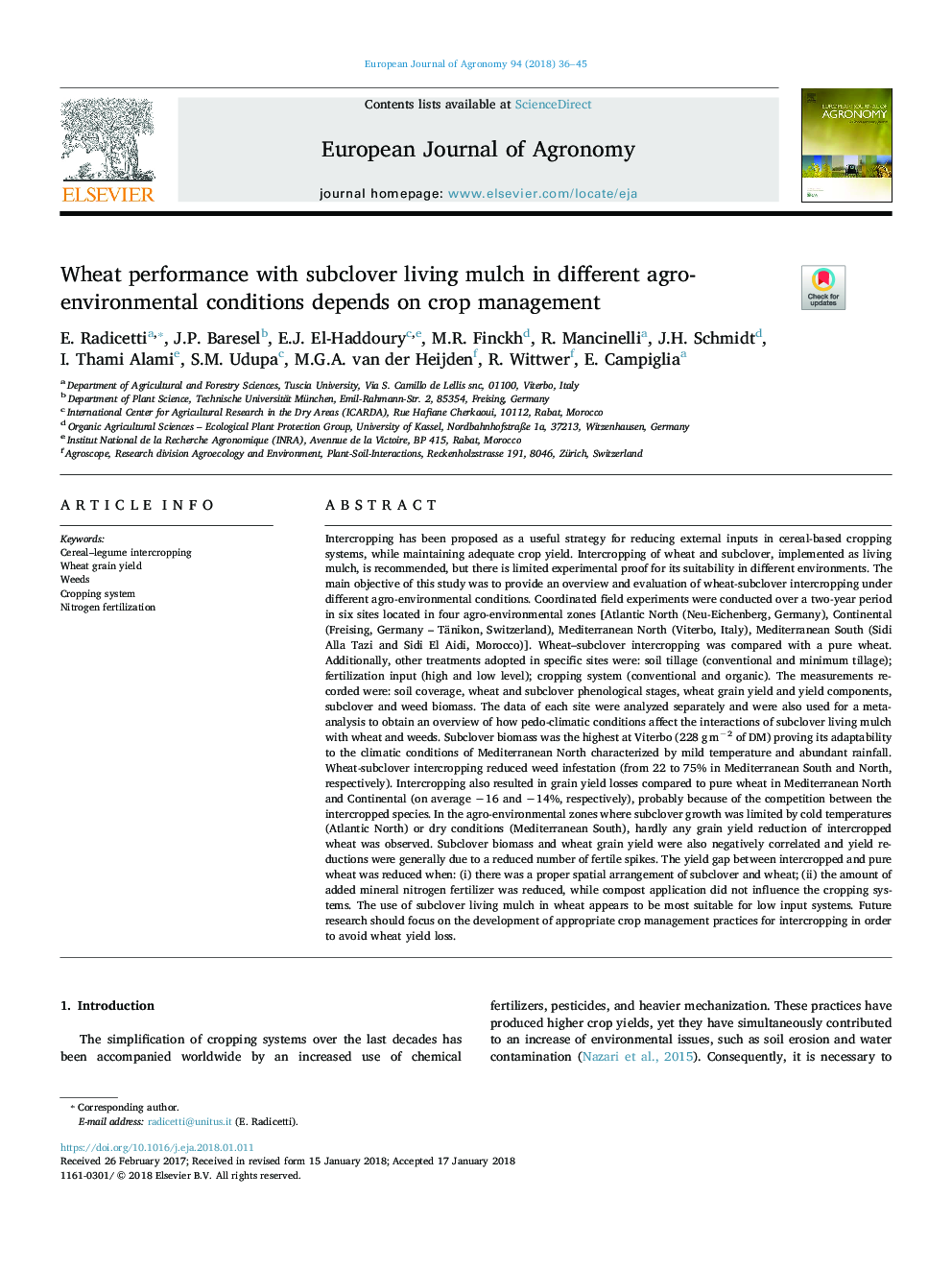 Wheat performance with subclover living mulch in different agro-environmental conditions depends on crop management