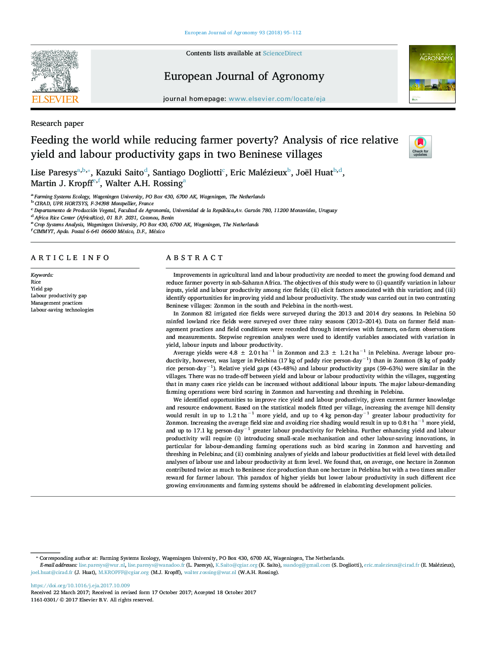 Feeding the world while reducing farmer poverty? Analysis of rice relative yield and labour productivity gaps in two Beninese villages