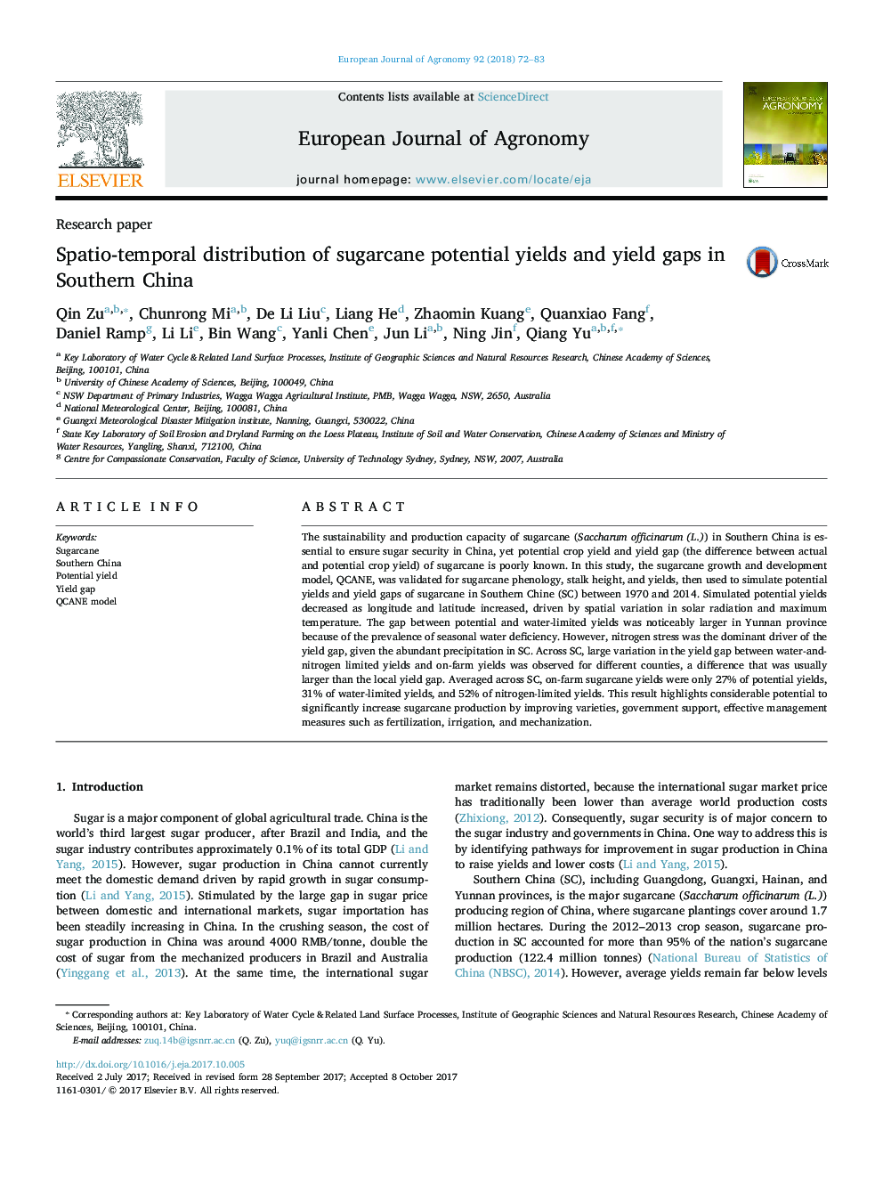 Spatio-temporal distribution of sugarcane potential yields and yield gaps in Southern China